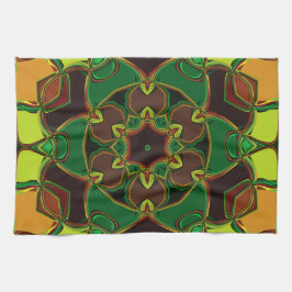 漫画マンダラフラワーグリーン黄色とオレンジ キッチンタオル