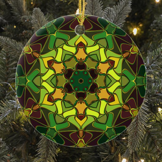 漫画マンダラフラワーグリーン黄色とオレンジ セラミックオーナメント