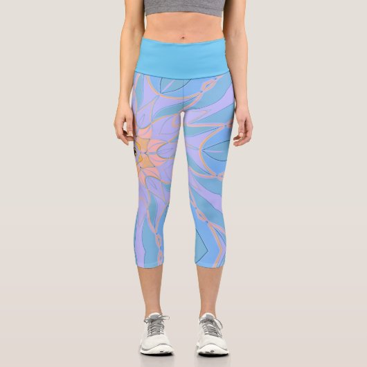 漫画マンダラフラワーブルーとイエロー カプリレギンス (正面)