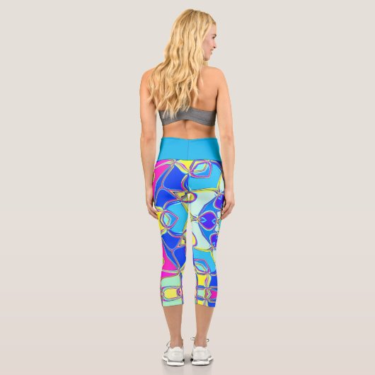 漫画マンダラフラワーブルー黄色とピンク カプリレギンス (裏面)