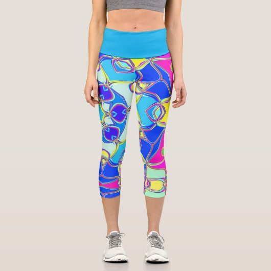 漫画マンダラフラワーブルー黄色とピンク カプリレギンス (正面)