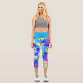 漫画マンダラフラワーブルー黄色とピンク カプリレギンス (正面)