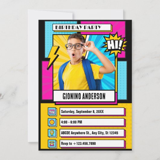 漫画モダンの写真の誕生日 招待状 (正面)