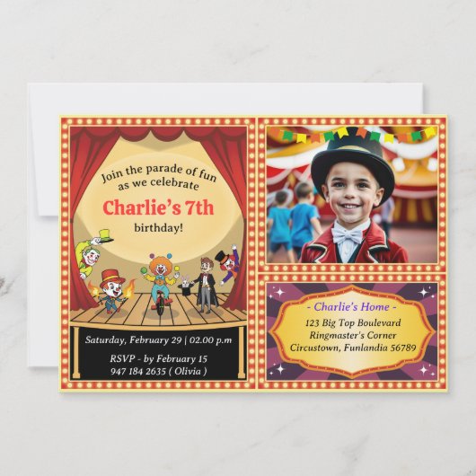 漫画モダンサーカスフォト誕生日招待状 招待状 (正面)