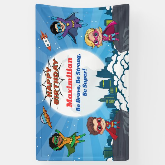 漫画モダンスーパーヒーロー誕生日パーティバナー 横断幕 (縦)