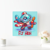 漫画モノグラムの飛行機青 | スクエア壁時計 (ホーム)