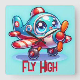 漫画モノグラムの飛行機青 | スクエア壁時計