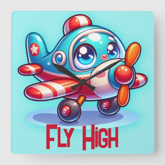 漫画モノグラムの飛行機青 | スクエア壁時計 (正面)