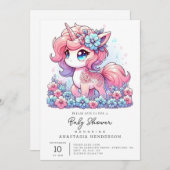 漫画ユニコーン赤ちゃんシャワー 招待状 (正面/裏面)