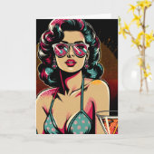 漫画レトロピンナップガールとカクテル誕生日 カード (黄色い花)