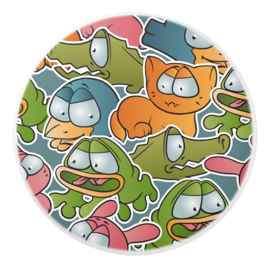 漫画動物が付いているヴィンテージパターン セラミックノブ (正面)