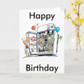 漫画動物のハッピーバースデー カード (黄色い花)
