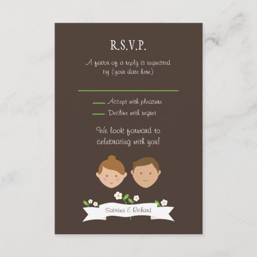 漫画図解入りの、写真付きのカップルポートレート結婚ズ 出欠カード (正面)