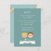 漫画図解入りの、写真付きのカップルポートレート結婚ズ 出欠カード (正面/裏面)