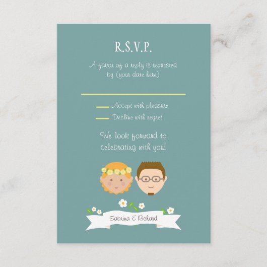 漫画図解入りの、写真付きのカップルポートレート結婚ズ 出欠カード (正面)