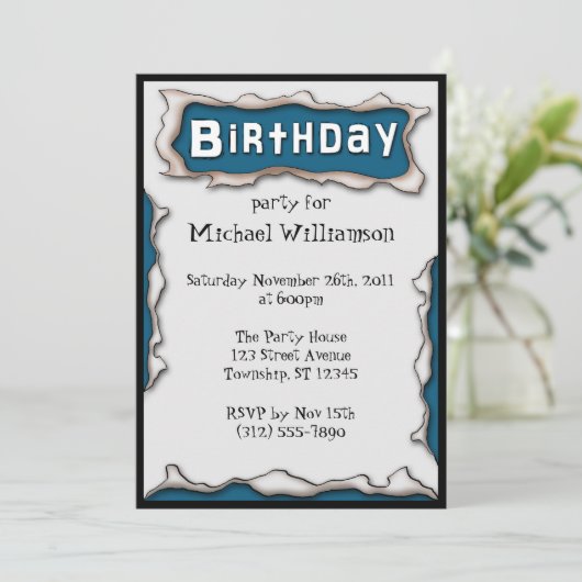 漫画引き裂かれた紙ブルー誕生日招待状 招待状 (スタンド正面)