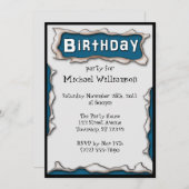 漫画引き裂かれた紙ブルー誕生日招待状 招待状 (正面/裏面)