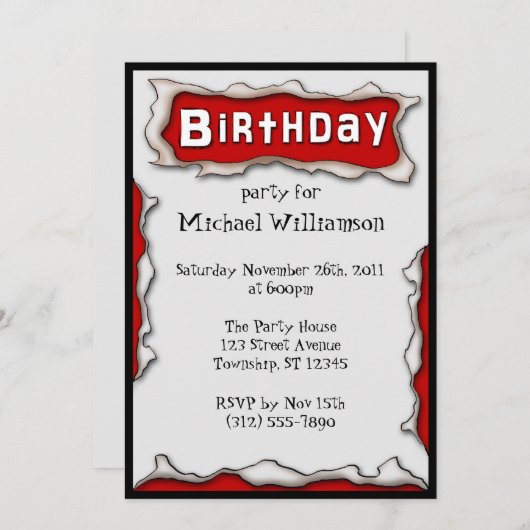 漫画引き裂かれた紙レッド誕生日招待状 招待状 (正面/裏面)