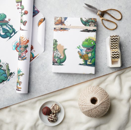 漫画恐竜バースデーパーティー漫画トレックスラッピング ラッピングペーパー (クラフト)
