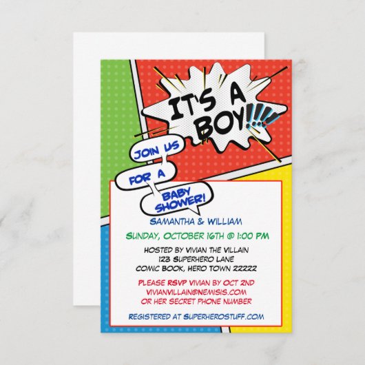 漫画本のスーパーヒーローのベビーシャワーの招待状 招待状 (正面/裏面)