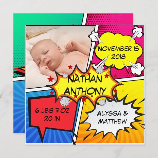 漫画本のスーパーヒーローの誕生の発表 案内状 (正面/裏面)