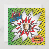 漫画本のスーパーヒーローの誕生会の写真カード 招待状 (正面)