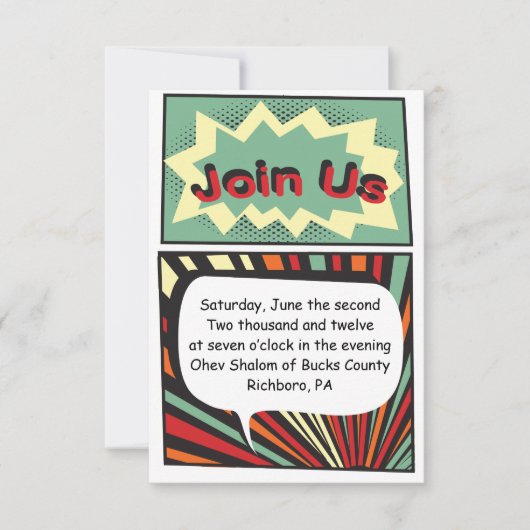 漫画本のバーの(ユダヤ教の)バル・ミツバーの披露宴パーティーカード 招待状 (正面)