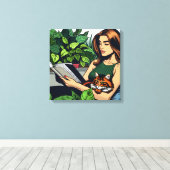 漫画本スタイル女性猫と本 キャンバスプリント (インサイチュ (ウッドフロア))