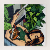 漫画本スタイル女性猫と本 ジグソーパズル (横)