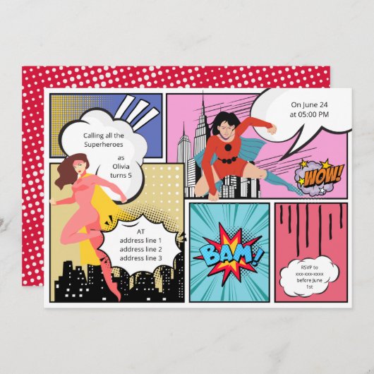 漫画本スーパーヒーローガールバースデー 招待状 (正面/裏面)