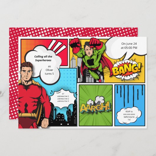 漫画本スーパーヒーローボーイバースデー 招待状 (正面/裏面)