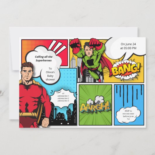 漫画本スーパーヒーロー男の子の赤ちゃんシャワー 招待状 (正面)