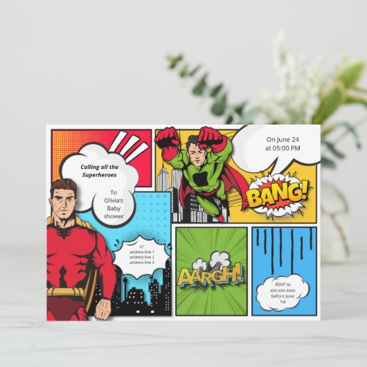 漫画本スーパーヒーロー男の子の赤ちゃんシャワー 招待状 (スタンド正面)