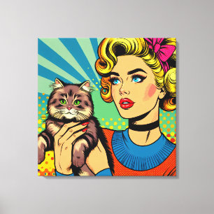 漫画漫画ポップ・アートのアート女性が猫を飼う キャンバスプリント