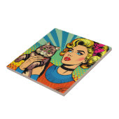 漫画漫画ポップ・アートのアート女性が猫を飼う タイル (側面)