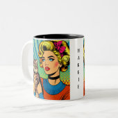 漫画漫画ポップ・アートのアート女性が猫を飼う ツートーンマグカップ (正面左)