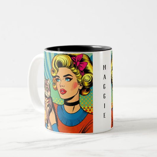 漫画漫画ポップ・アートのアート女性が猫を飼う ツートーンマグカップ (正面左)