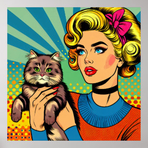 漫画漫画ポップ・アートのアート女性が猫を飼う ポスター