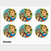 漫画漫画ポップ・アートのアート女性が猫を飼う ラウンドシール (シート)