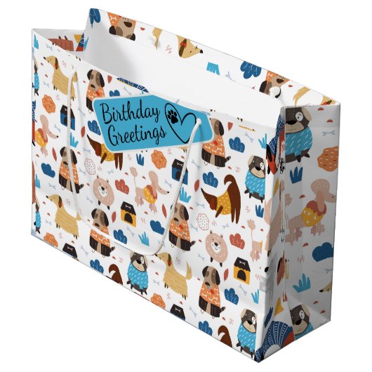 漫画熱狂する犬のシームレスなパターン大抱き枕 ラージペーパーバッグ (正面アングル)