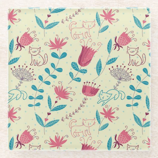 漫画猫が付いている花パターン ガラスコースター (正面)