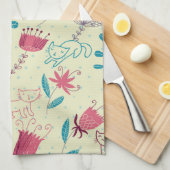 漫画猫が付いている花パターン キッチンタオル (四つ折り)