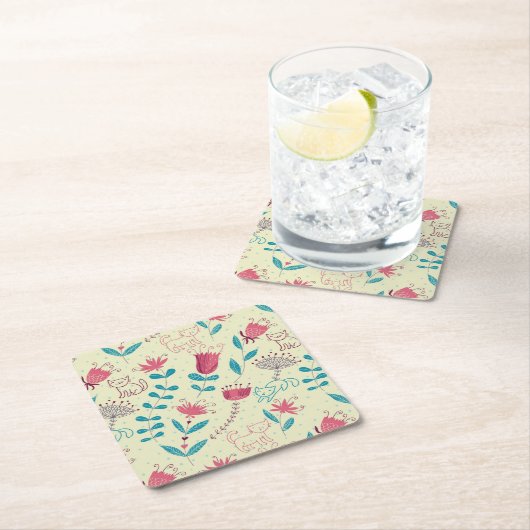 漫画猫が付いている花パターン スクエアペーパーコースター (インサイチュ)