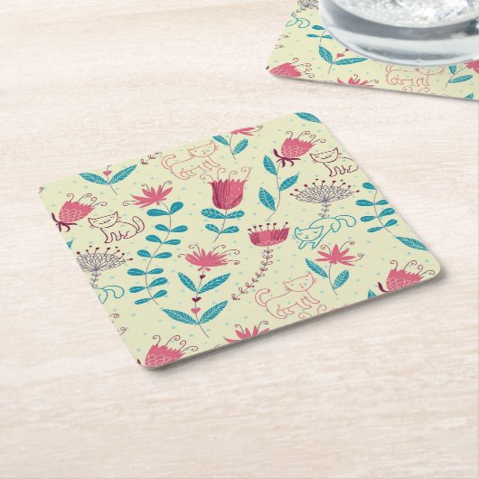 漫画猫が付いている花パターン スクエアペーパーコースター (アングル)