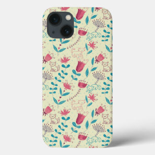 漫画猫が付いている花パターン iPhone 13ケース