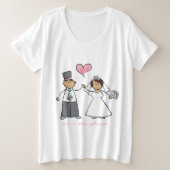 漫画結婚のカップル新郎新婦ピンクハート プラスサイズTシャツ (デザイン正面)