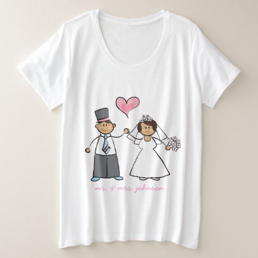 漫画結婚のカップル新郎新婦ピンクハート プラスサイズTシャツ (デザイン正面)