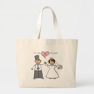 漫画結婚のカップル新郎新婦ピンクハート ラージトートバッグ