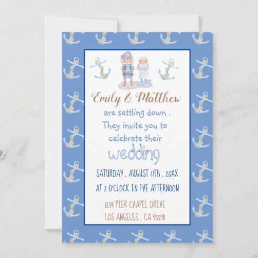 漫画航海のの青と白と金ゴールド結婚の 招待状 (正面)