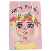 漫画誕生日ガールオンピンク ミディアムペーパーバッグ (正面)